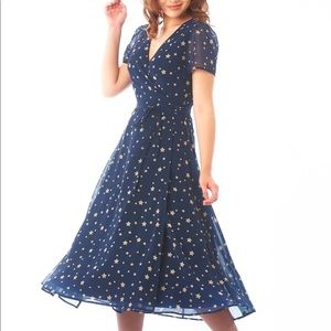 Navy and gold star print wrap dress (tea length)